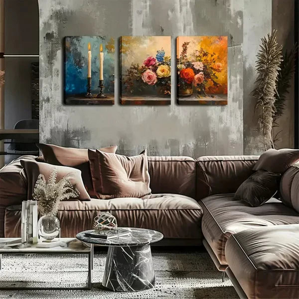3pcs Picture, Two Slender Candles And Flowers Wall Art Set Canvas Framed 60x90cm - High Quality Print 100% Australian Made Wall Canvas Ready to Hang - Bella Home Decor