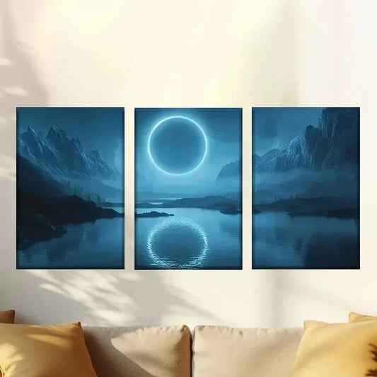 3pcs Painting of a Moon Over a Lake Wall Art Set Canvas Framed 60x90cm - High Quality Print 100% Australian Made Wall Canvas Ready to Hang