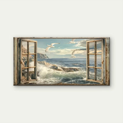 Windows Seagulls Flying Sea Wall Art Canvas Office Home Room Framed 120x60cm