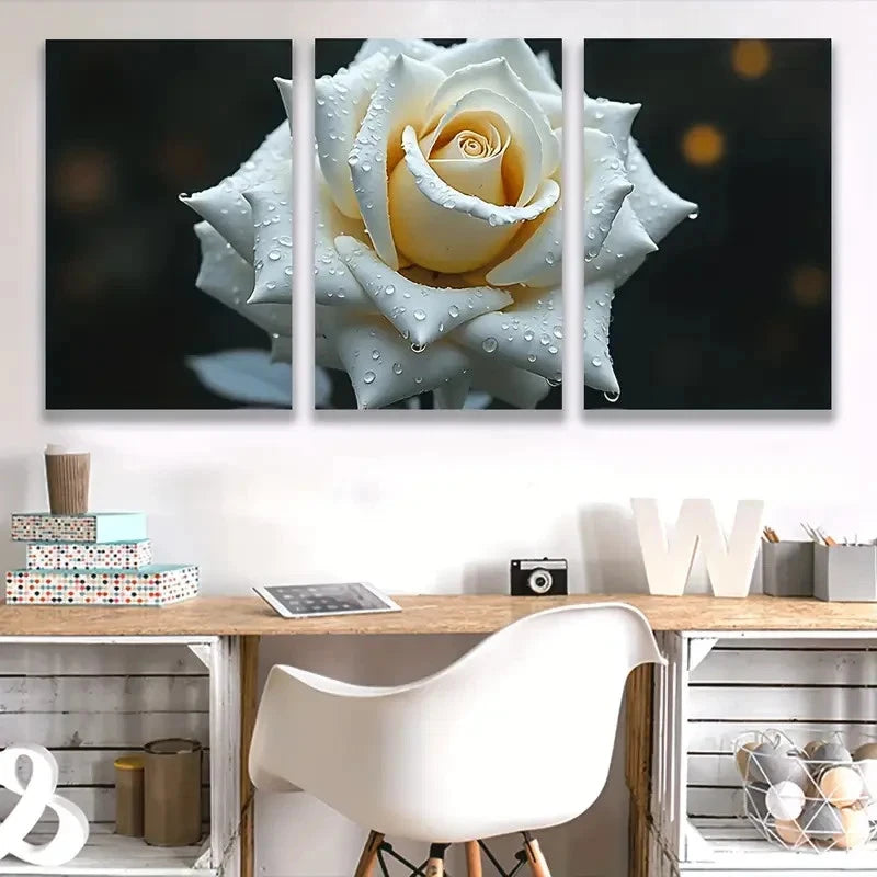 3pcs White Roses & Water Drops Triptych   Wall Art Set Canvas Framed 50x70cm - High Quality Print 100% Australian Made Wall Canvas Ready to Hang - Bella Home Decor