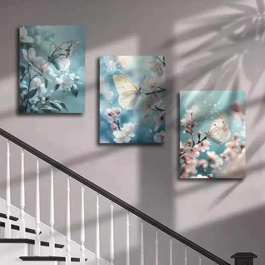 3pcs Butterfly and Floral Wall Art Canvas Unframed - High Quality Print 100% Australian Made Wall Canvas