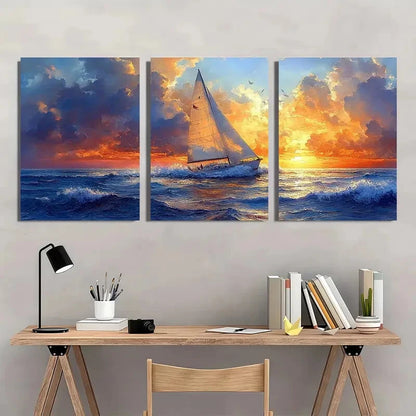 3pcs Vibrant Sunset Seascape Nautical Watercolor Metal Print Ready to Hang Art - Bella Home Decor
