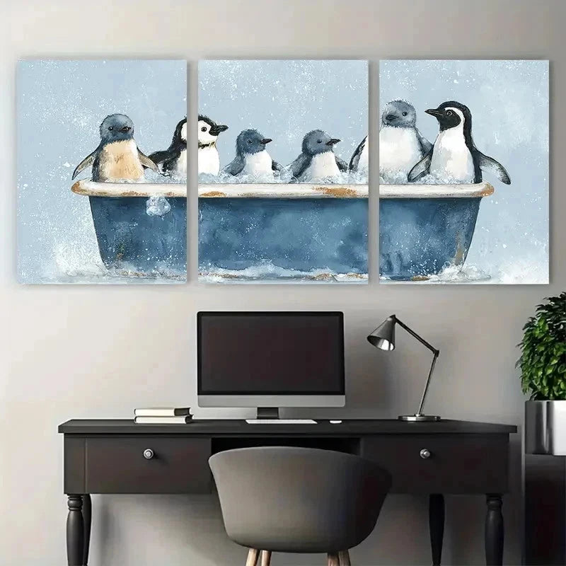 3pcs Vibrant Penguins In Bathtub Perfect Wall Art Set Canvas Framed 60x90cm - High Quality Print 100% Australian Made Wall Canvas Ready to Hang
