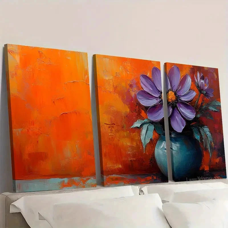 3pcs Abstract Purple Flower Oil Painting IL  Wall Art Set Canvas Framed 60x90cm - High Quality Print 100% Australian Made Wall Canvas Ready to Hang ( - Bella Home Decor