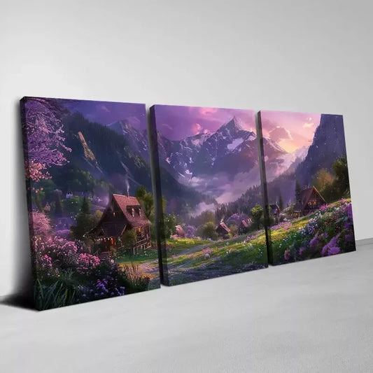 3pcs Purple Sky Town with Pink Floral & Mountain Wall Art Set Canvas Framed 40x60cm - High Quality Print 100% Australian Made Wall Canvas Ready to Hang