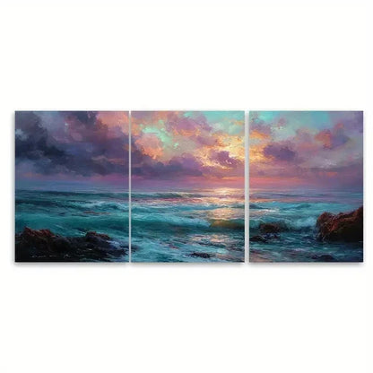 3pcs Cloud Seascape Oil Panoramic Sunset Coastal Metal Print Ready to Hang Art - Bella Home Decor
