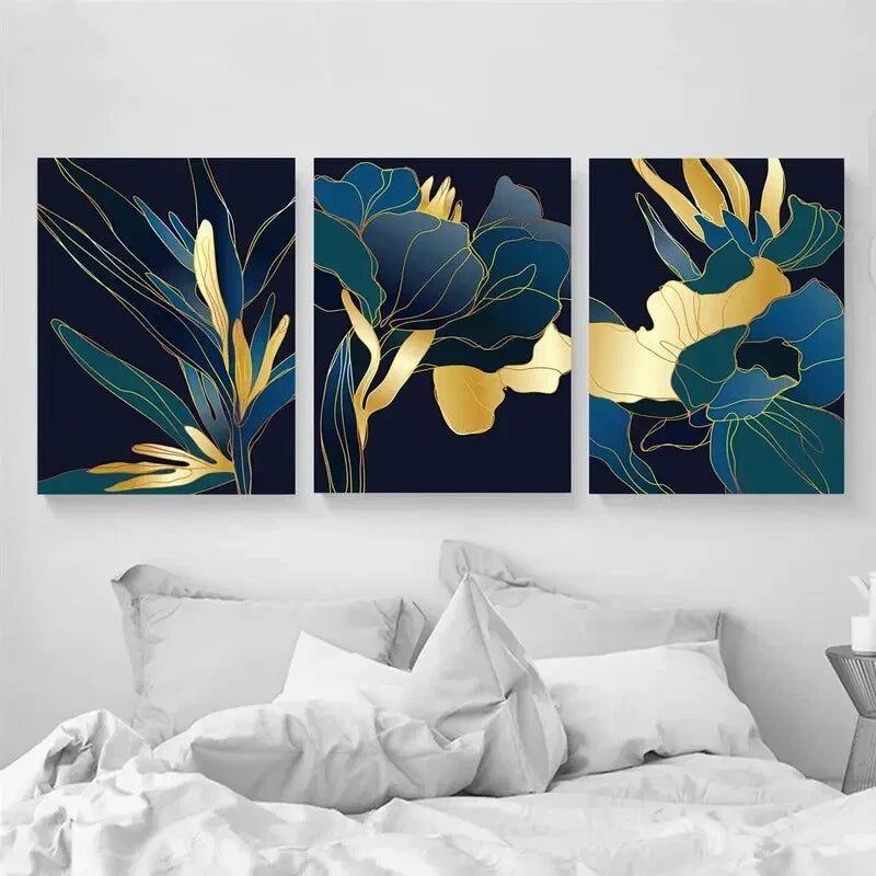 3pcs Teal Gold Modern Botanical Metal Print Ready to Hang Art