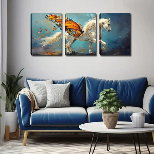 3pcs Horse With Butterfly Wings Blue Perfect Wall Art Canvas Unframed - High Quality Print 100% Australian Made Wall Canvas