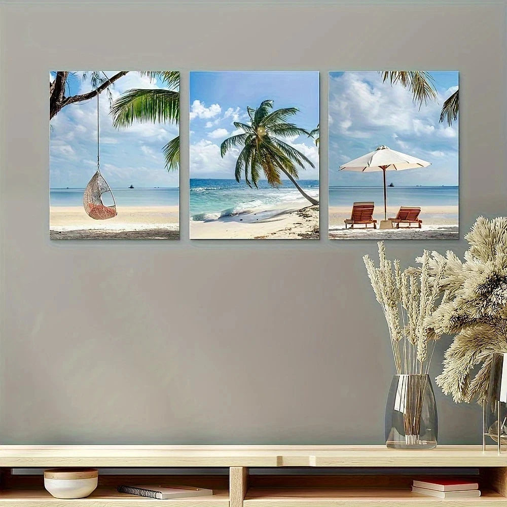 3pcs Tropical Beach Coconut Tree Lounge Chair Metal Print Ready to Hang Art - Bella Home Decor