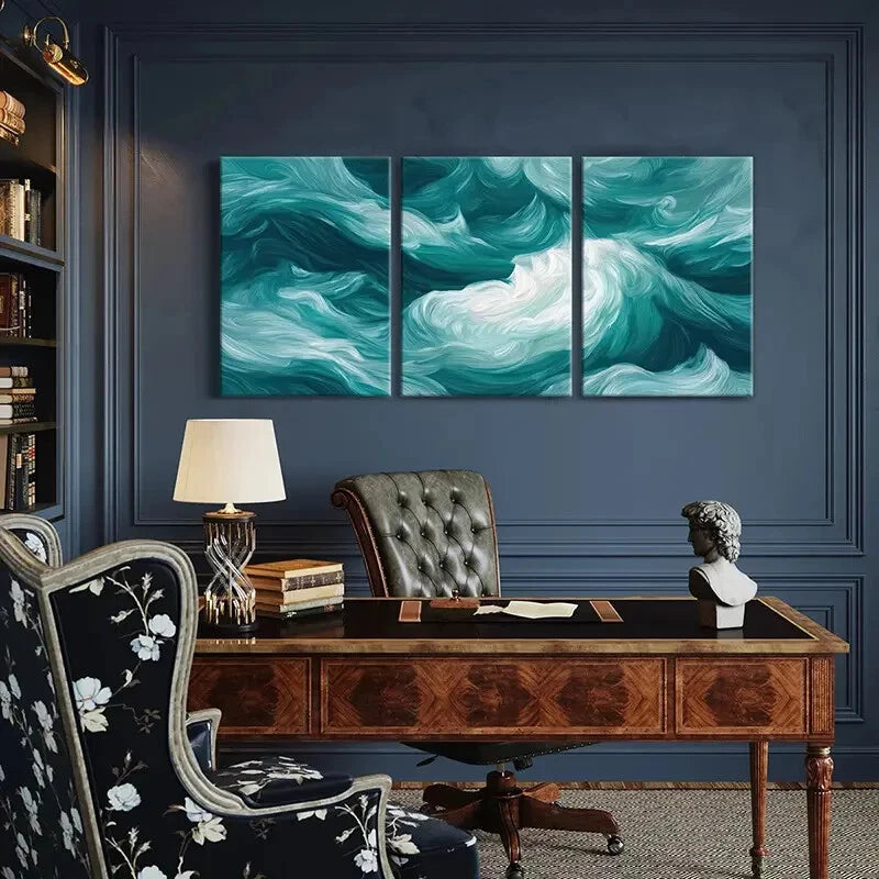 3pcs Abstract Ocean Waves Art Turquoise White Metal Print Ready to Hang Art - Bella Home Decor