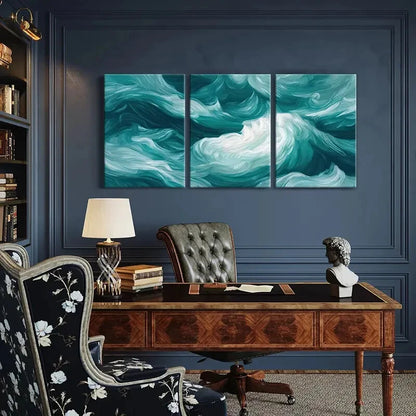 3pcs Abstract Ocean Waves Art Turquoise White Metal Print Ready to Hang Art - Bella Home Decor