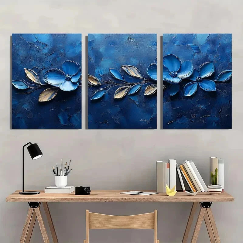 3pcs Featuring Vibrant Blue Flowers and Leaves Metal Print Ready to Hang Art - Bella Home Decor