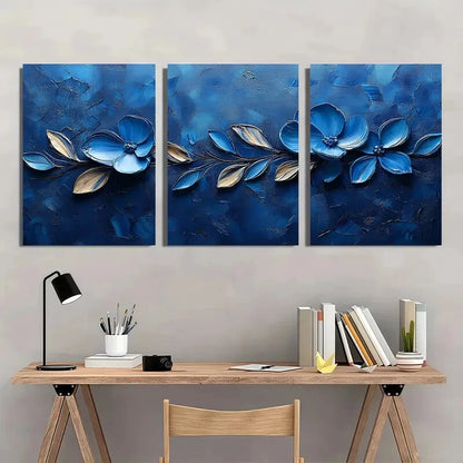 3pcs Featuring Vibrant Blue Flowers and Leaves Metal Print Ready to Hang Art - Bella Home Decor