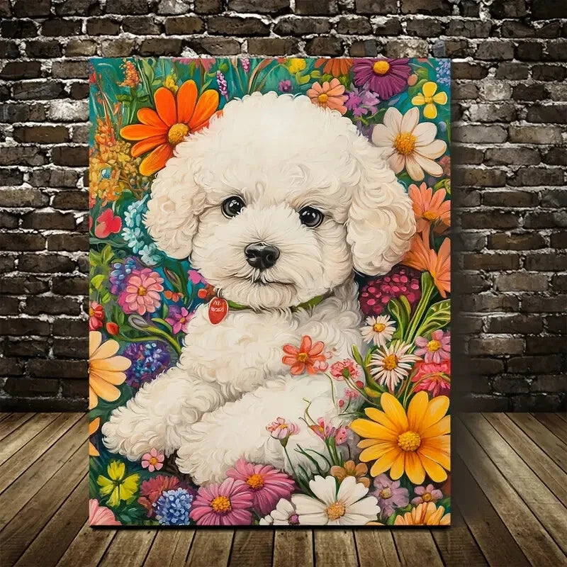 Cute Bichon Frise Dog with Vibrant Flowers Painting 40x60cm Metal Print Ready to Hang - Bella Home Decor