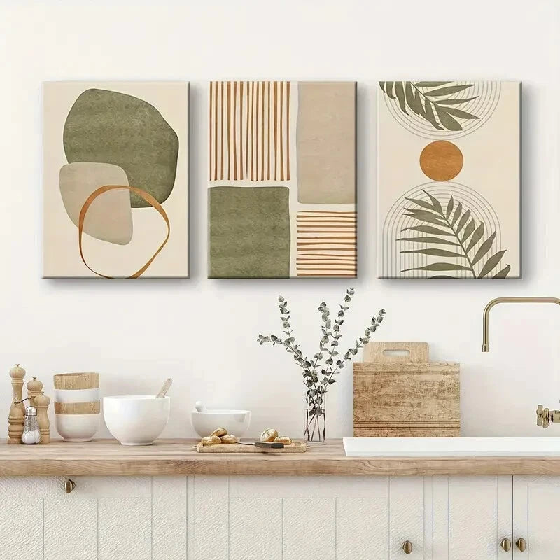 3pcs Tropical Leaves & Abstract Shapes Metal Print Ready to Hang Art - Bella Home Decor