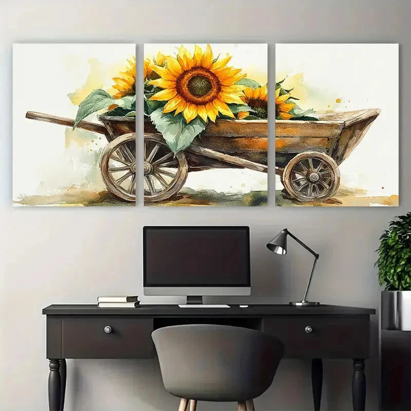 3pcs Sunflower in Vintage Wooden Wheelbarrow Metal Print Ready to Hang Art