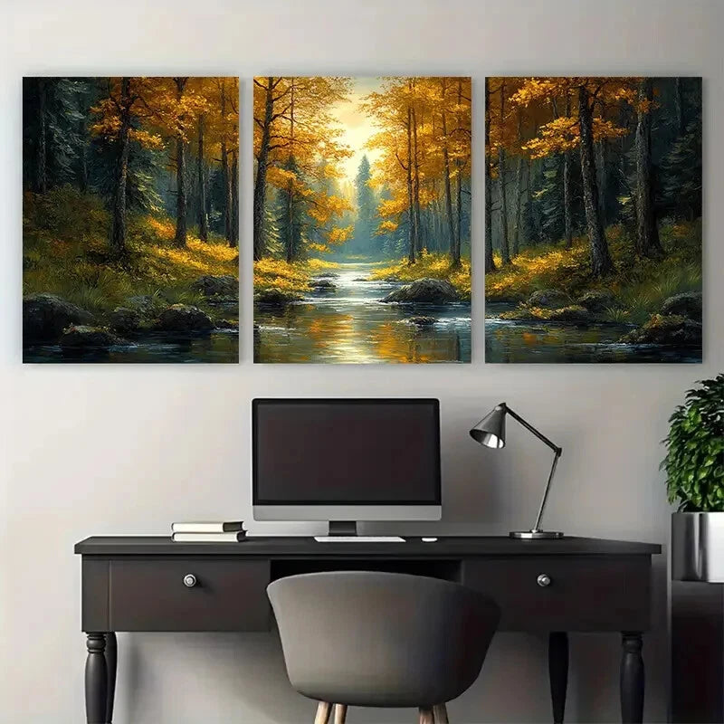 3pcs Forest of Trees with a River Landscape Metal Print Ready to Hang Art - Bella Home Decor