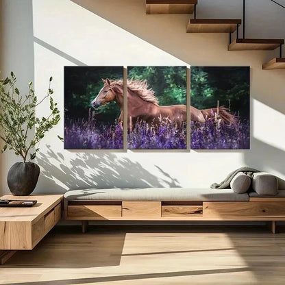 3pcs Horse in Lavender Bush Modern Wall Art Set Canvas Framed 60x90cm - High Quality Print 100% Australian Made Wall Canvas Ready to Hang