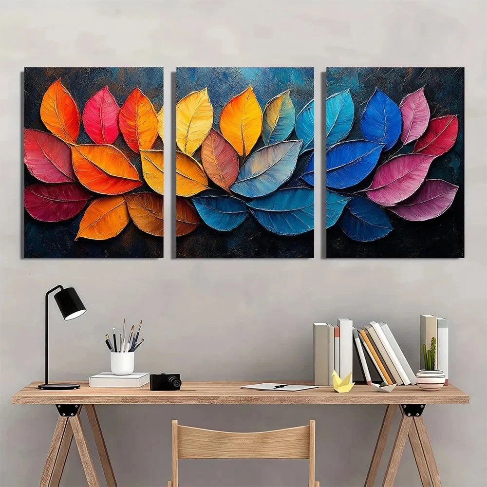 3pcs Vibrant Colorful Leaf Modern Abstract Metal Print Ready to Hang Art - Bella Home Decor