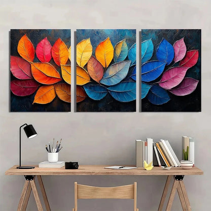 3pcs Vibrant Colorful Leaf Modern Abstract Metal Print Ready to Hang Art - Bella Home Decor