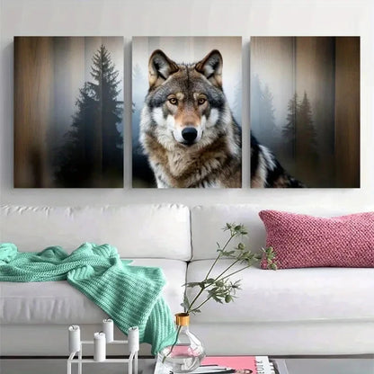 3pcs Rustic Style Wolf and Pine Tree  Wall Art Set Canvas Framed 60x90cm - High Quality Print 100% Australian Made Wall Canvas Ready to Hang