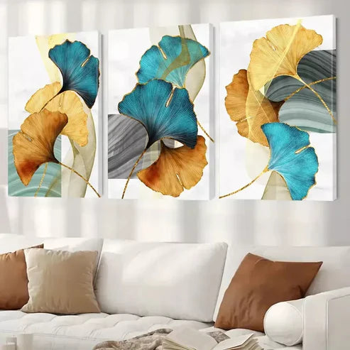 3pcs Abstract Ginkgo Leaf Wall Art Canvas Unframed - High Quality Print 100% Australian Made Wall Canvas - Bella Home Decor