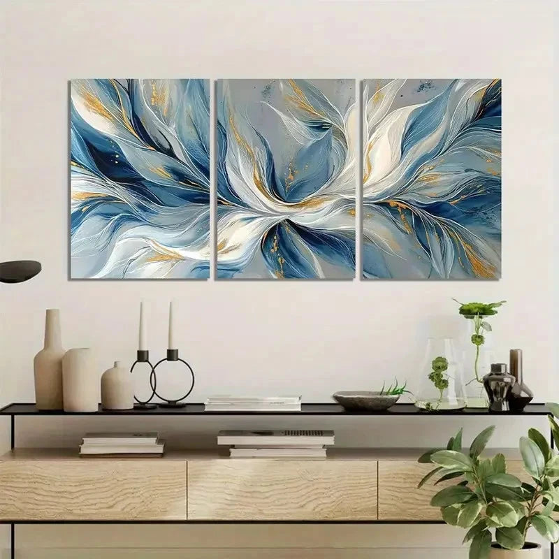 3pcs White and Blue Leaves Flowing Abstract Metal Print Ready to Hang Art - Bella Home Decor