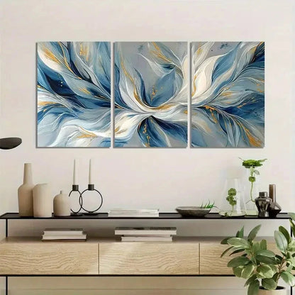 3pcs White and Blue Leaves Flowing Abstract Metal Print Ready to Hang Art - Bella Home Decor