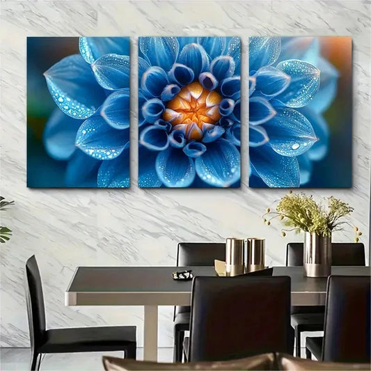 3pcs Cyan Blue Dahlia Flower Macro Perfect Wall Art Set Canvas Framed 40x60cm - High Quality Print 100% Australian Made Wall Canvas Ready to Hang