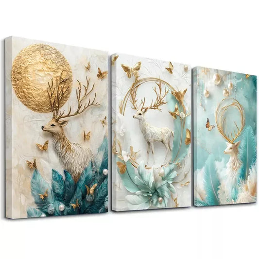 3pcs Elegant Anime Deer and Golden Moon Feather Wall Art Set Canvas Framed 50x70cm - High Quality Print 100% Australian Made Wall Canvas Ready to Hang