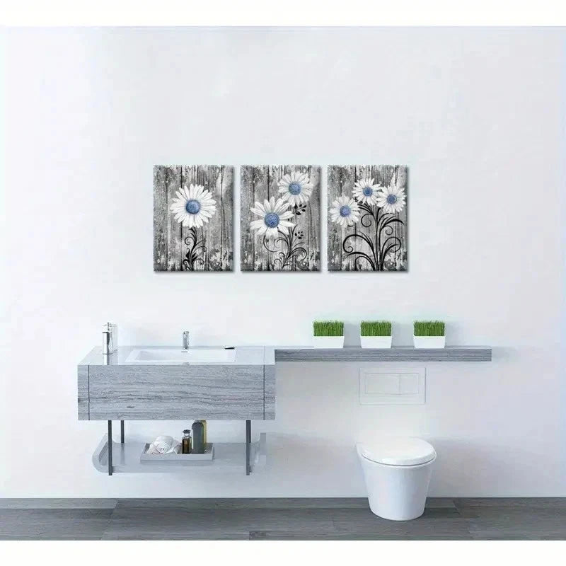 3pcs Rustic Blue Daisy Wall Art Design Metal Print Ready to Hang Art - Bella Home Decor
