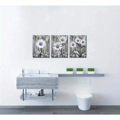 3pcs Rustic Blue Daisy Wall Art Design Metal Print Ready to Hang Art - Bella Home Decor