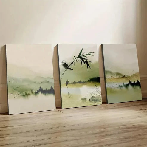 3pcs Green Mountain & Bamboo Forest Wall Art Set Canvas Unframed - High Quality Print 100% Australian Made Wall Canvas