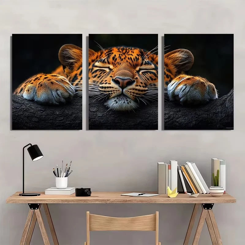 3pcs Featuring Adorable Sleeping Leopard Metal Print Ready to Hang Art