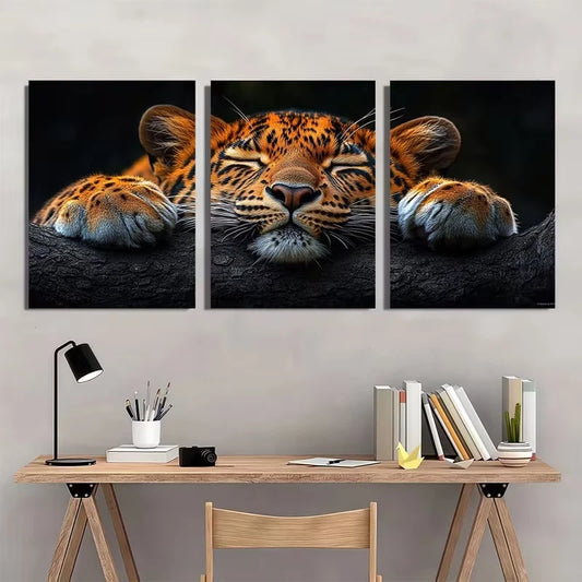 3pcs Featuring Adorable Sleeping Leopard Metal Print Ready to Hang Art