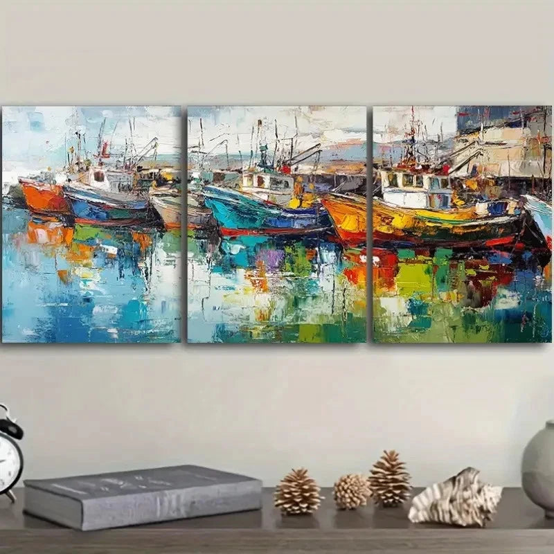 3pcs Blue & Orange Nautical Triptych Metal Print Ready to Hang Art - Bella Home Decor