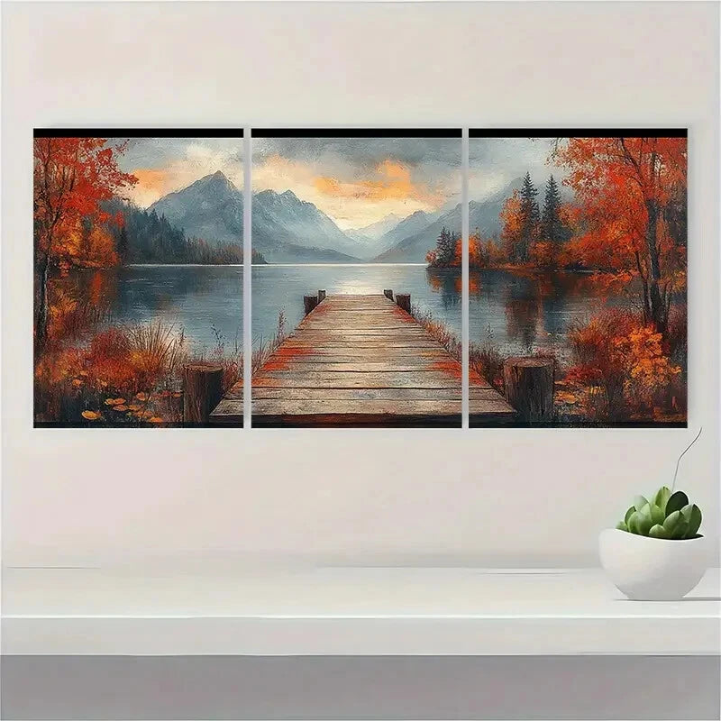 3pcs Autumn Lake Painting Vintage Landscape Metal Print Ready to Hang Art - Bella Home Decor