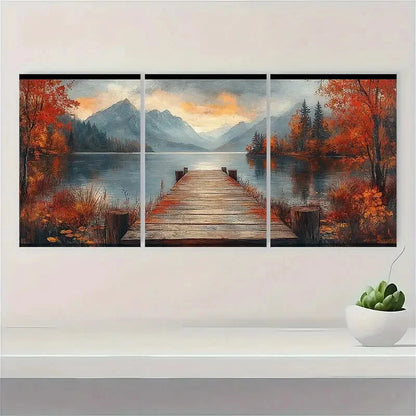 3pcs Autumn Lake Painting Vintage Landscape Metal Print Ready to Hang Art - Bella Home Decor