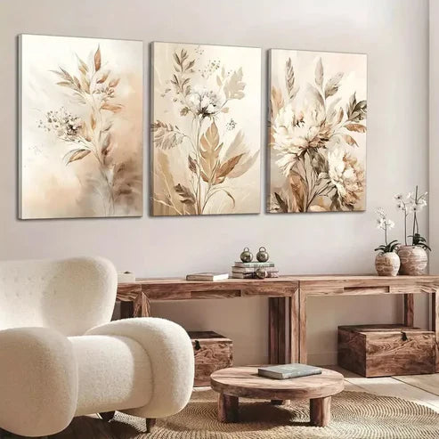 3pcs Neutral Flowers Wildflowers Flowers Art Set Canvas Unframed - High Quality Print 100% Australian Made Wall Canvas
