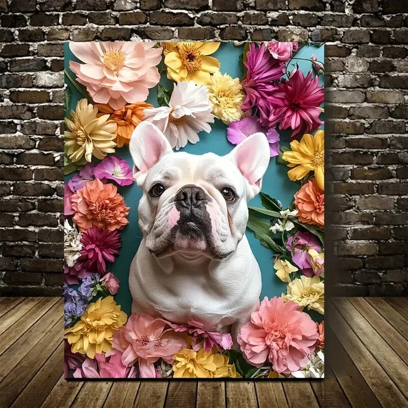 Beautiful Cute Bulldog with Colorful Flowers Painting 40x60cm Metal Print Ready to Hang - Bella Home Decor