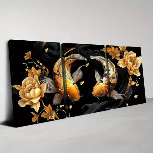 3pcs Beautiful Modern Golden Koi with Florals Wall Art Set Canvas Unframed - High Quality Print 100% Australian Made Wall Canvas - Bella Home Decor