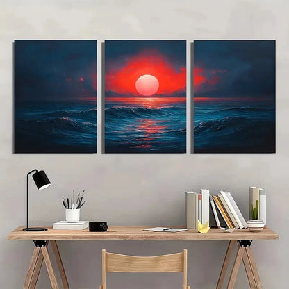 3pcs Mid Century Modern Sunset Wall Art Set Canvas Framed 60x90cm - High Quality Print 100% Australian Made Wall Canvas Ready to Hang