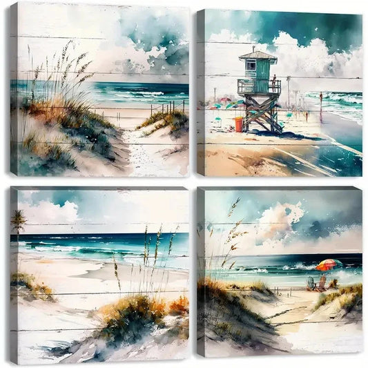 4pcs Teal Blue Beach Scenery  Wall Art Canvas Framed