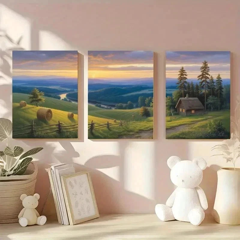 3pcs  Wooden Fence, Sunset, River, Pine Tree  Wall Art Set Canvas Framed 40x60cm - High Quality Print 100% Australian Made Wall Canvas Ready to Hang - Bella Home Decor