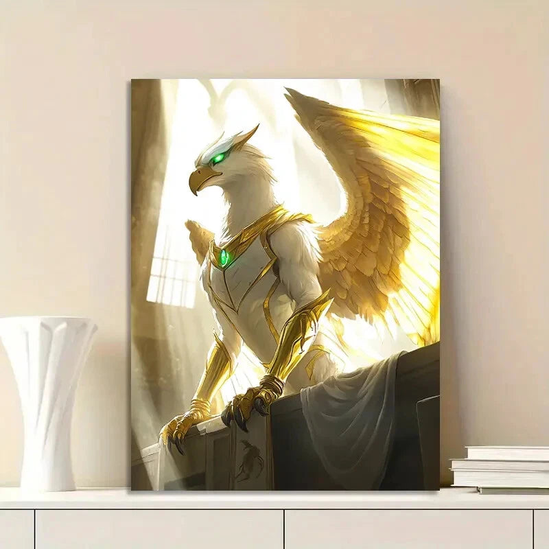 Golden Griffin Wearing White Armor with Green Eyes 40x60cm Metal Print Ready to Hang