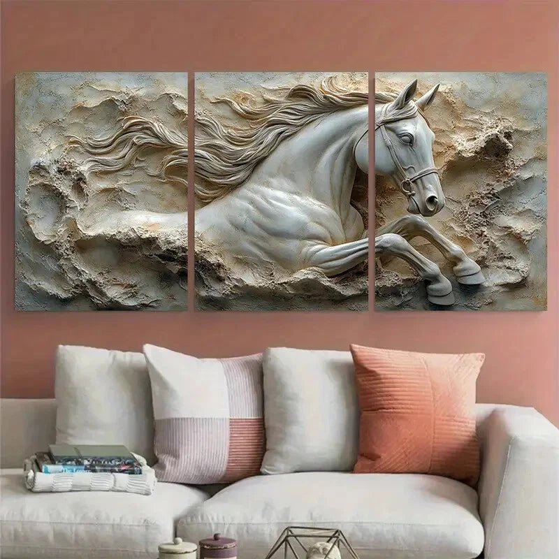 3pcs Neutral Stone Sculptural Equestrian Metal Print Ready to Hang Art - Bella Home Decor