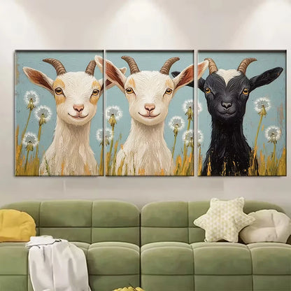 3pcs Three Goat Kids Dandelion Meadow Summer Metal Print Ready to Hang Art