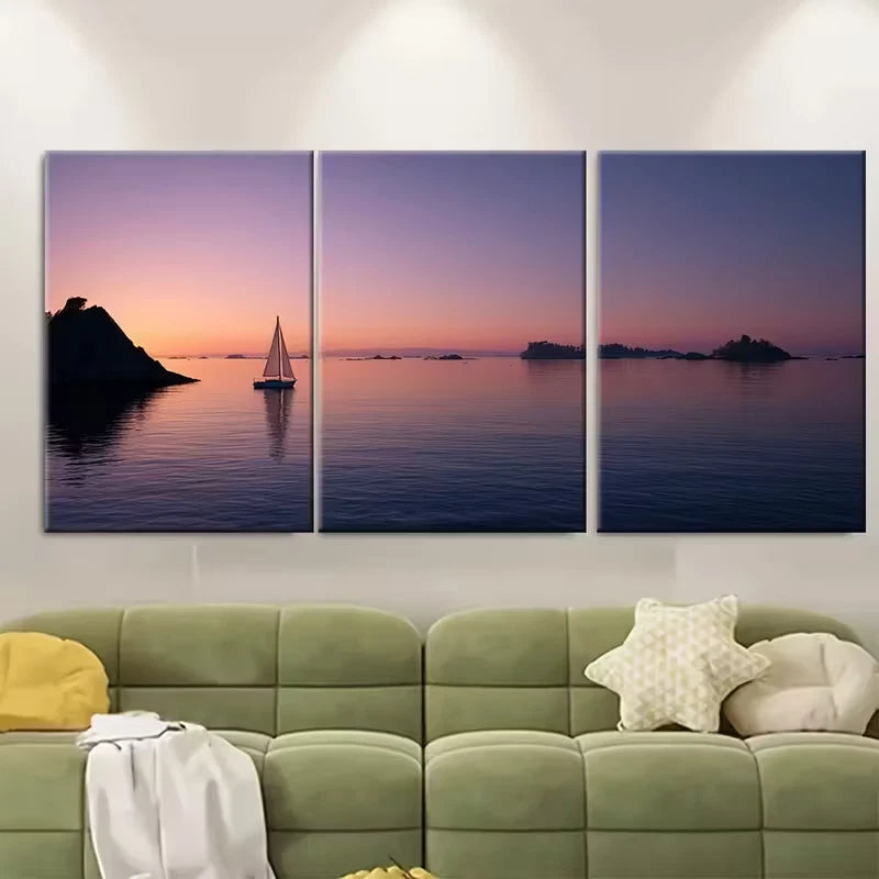 3pcs Coastal Sailboat Sunset Landscapes Metal Print Ready to Hang Art - Bella Home Decor