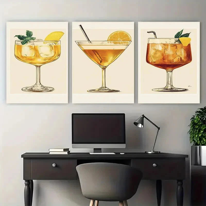 3pcs Bee'S Knees Cocktail Vintage Retro Gin Bar Wall Art Set Canvas Framed 40x60cm - High Quality Print 100% Australian Made Wall Canvas Ready to Hang - Bella Home Decor