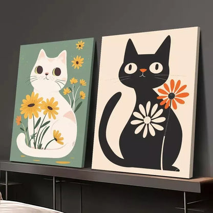 2pcs Colorful Garden Black Cat Cute White Cat, Yellow Daisy Boho Canvas Framed 50x75cm - High Quality Print 100% Australian Made Wall Canvas Ready to Hang - Bella Home Decor